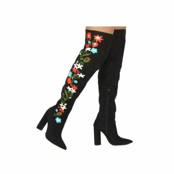 New Qupid Boots 6  OTK Over Knee Heel Black Faux Suede Embroidered Flowers - Picture 1 of 7